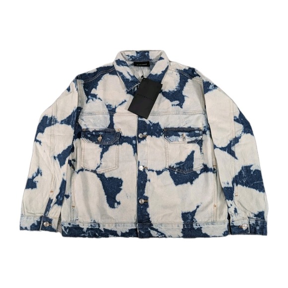 Black Scale Denim Jacket Mens Large Blue White Acid Wash Jean‎ Button Up New - Picture 1 of 8
